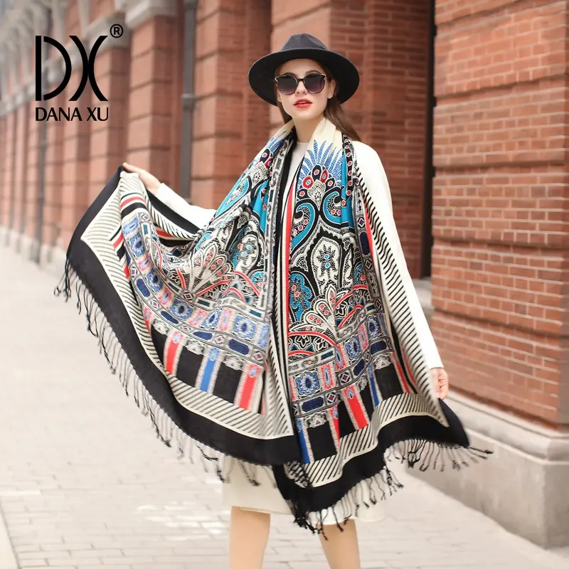 DANA XU 100% Merino Wool oversized Pashmina Blanket Travel chunky Scarf Soft Cashmere Shawl Wrap for Women's Fall Winter Oversize Shawl Floral Designs Style