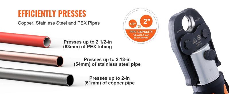 VEVOR Pro Press Tool, 18V Electric Pipe Crimping Tool for 1/2" to 2" Stainless Steel, Copper, PEX Pipes, Press Tool Kit with 6 Pro Press Jaws, 2PCS 4AH Battery, Fast Charger & Carrying Case