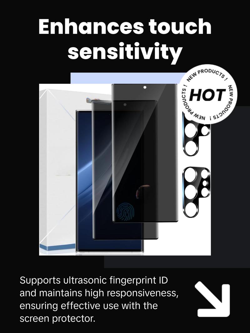 2+2 Pack Galaxy S23 Ultra Privacy Screen Protector and Camera Lens Protector,9H hardness Tempered Glass, 3D Full Coverage, Fingerprint Unlock, Easy to install For Galaxy S23 Ultra 6.8 Inch Protection Protective