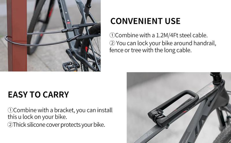 ROCKBROS Anti Theft Bike U Lock with Cable Silicone Cover (Max 22.5MM + 1.2M/4Ft Steel Cable + Mounting Bracket)
