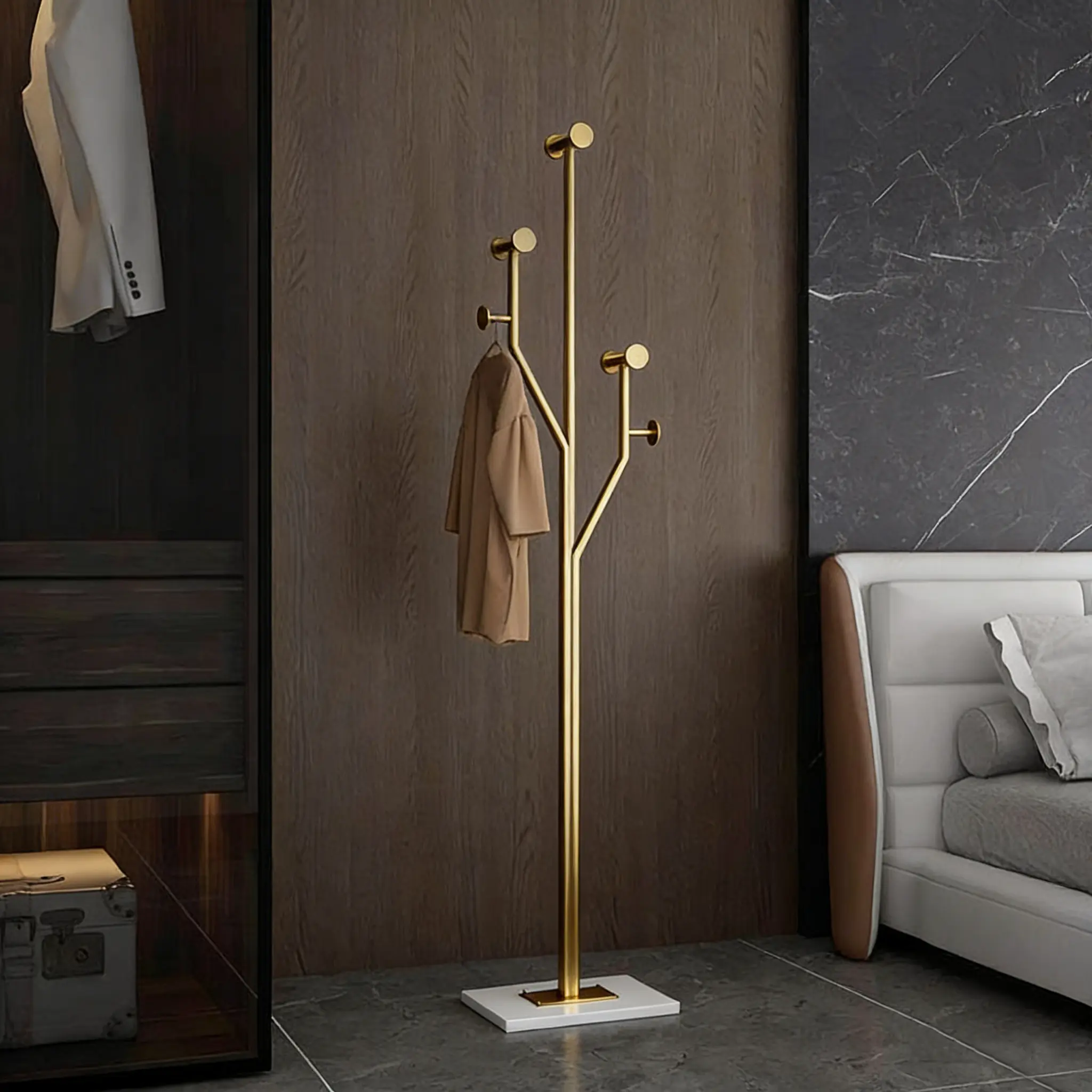 Coat Rack Stand, Freestanding Metal Coat Rack with Sturdy Marble Base, Modern Standing Coat Rack Tree with 8 Hooks for Entryway, Bedroom, Office & Hallway, Space-Saving Design,