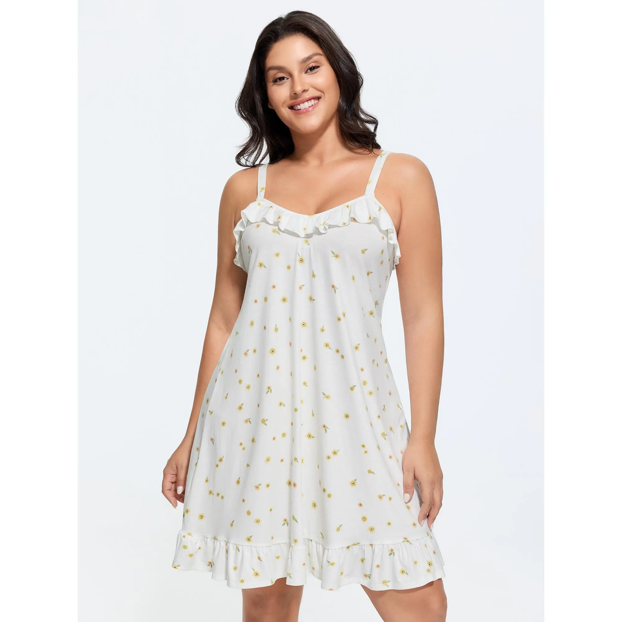 BloomChic Plus Size Ditsy Floral Nightgown, Supersoft Sleeveless Summer Sleep Dress with Ruffled Neck and Side Pocket for Everyday Wear, Nightwear, Loungewear, Women, Garment, Simple, Breathable, Comfy, Fabric, Fit, Polyester Blend, Cold Machine Wash