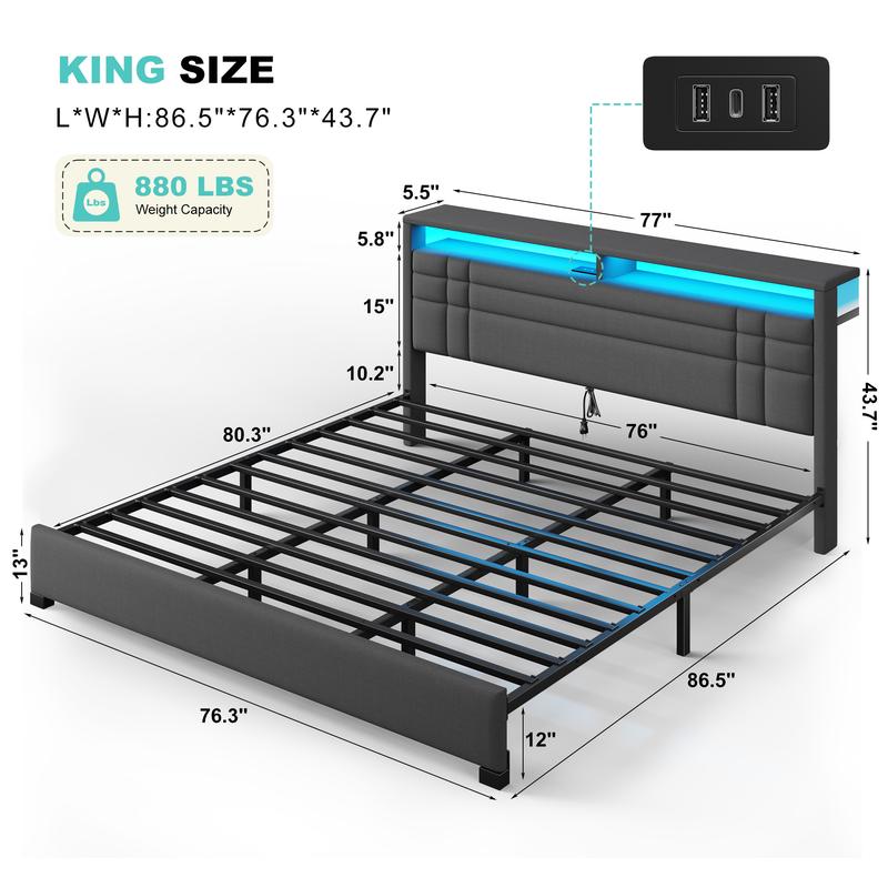 【Teen Size Bed】Raybee Luxury Bed Frames with Headboard & 2 Storage Shelves, Upholstered Bed Frame with LED & USB Ports for Full Queen King, Modern Bedroom Furniture, No Mattress, No Noise, Metal Slats Holds up to 880lbs[BlackFridayCyberMonday]