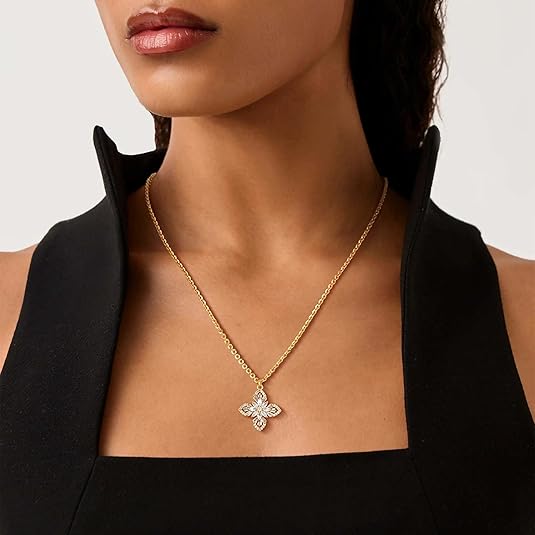 Fettero Gold Plated Marquise Crystal Clover Necklace, Elegant Sparkling Flower Pendant for Women