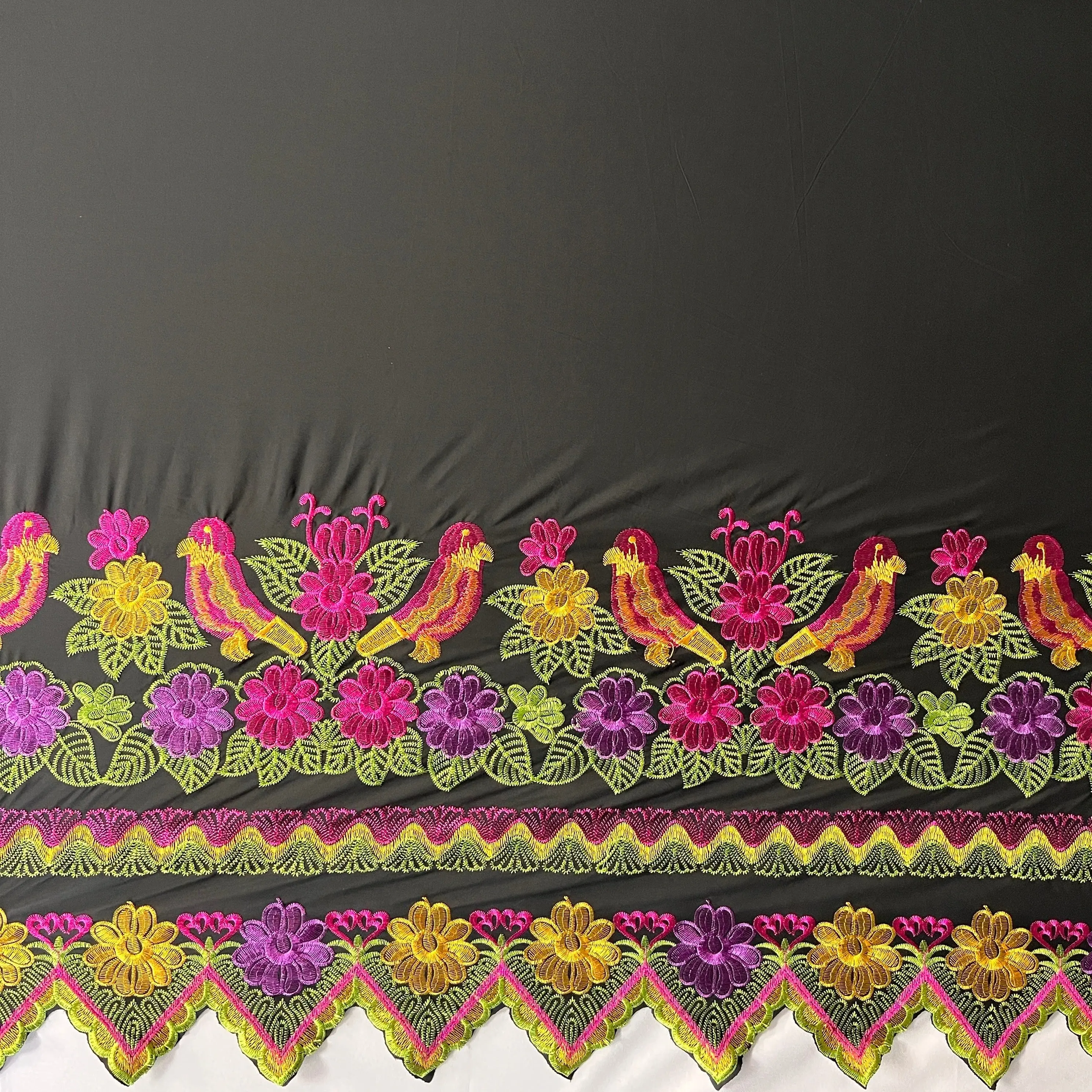 Islands-Themed Polyester Fabric with Unique Floral-Bird Embroidery, Border-Decoration Textile for Sewing & Soft Furnishings