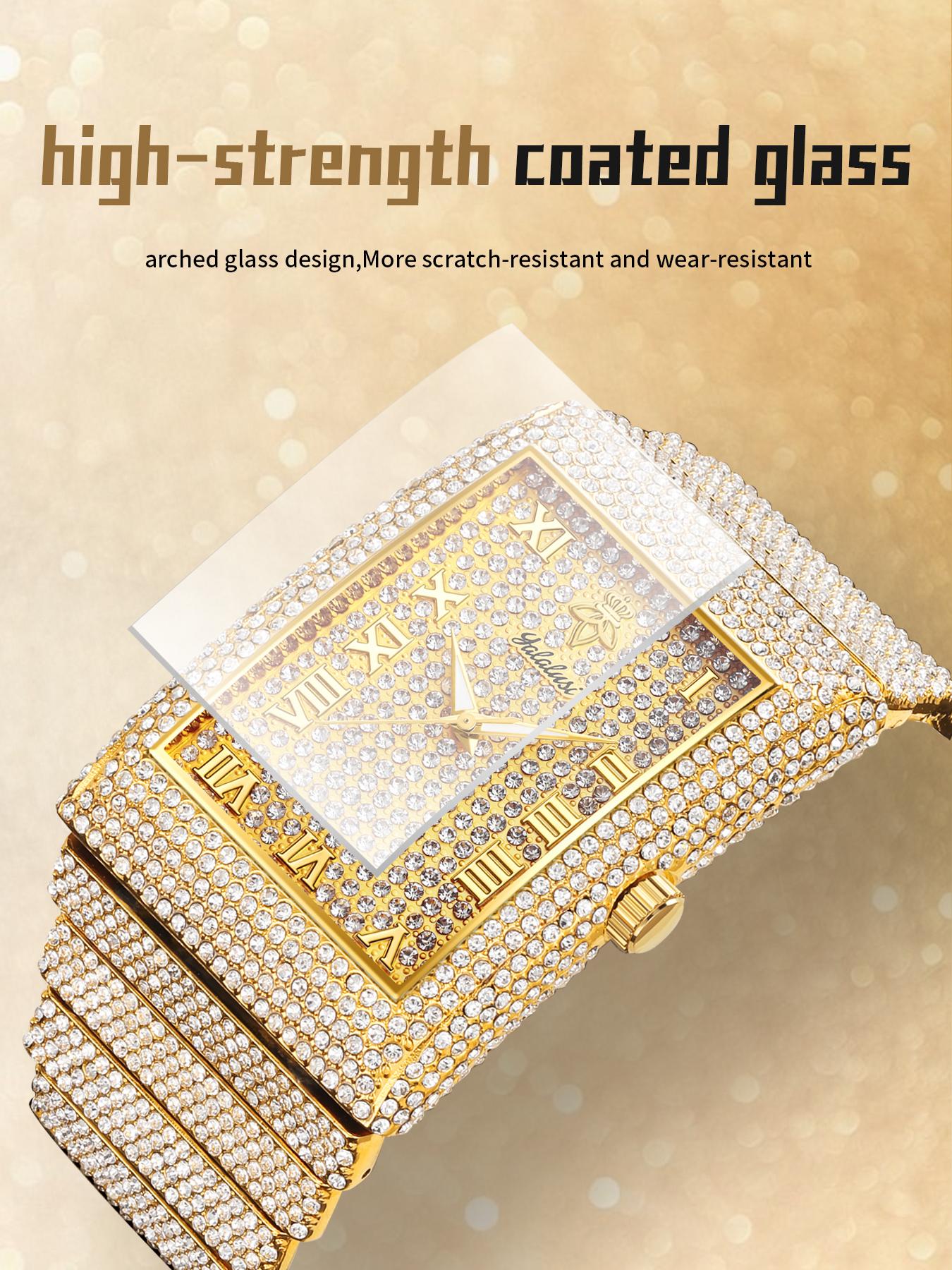 Unisex  Square Synthetic Cubic zirconia  Watch golden & Silver Iced Out Bling Waterproof Luminous Adjustable Perfect Gift for Him & Her LX1082G