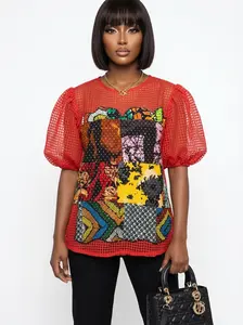 Sofia African Ankara Patchwork Mesh Puff Sleeve Top