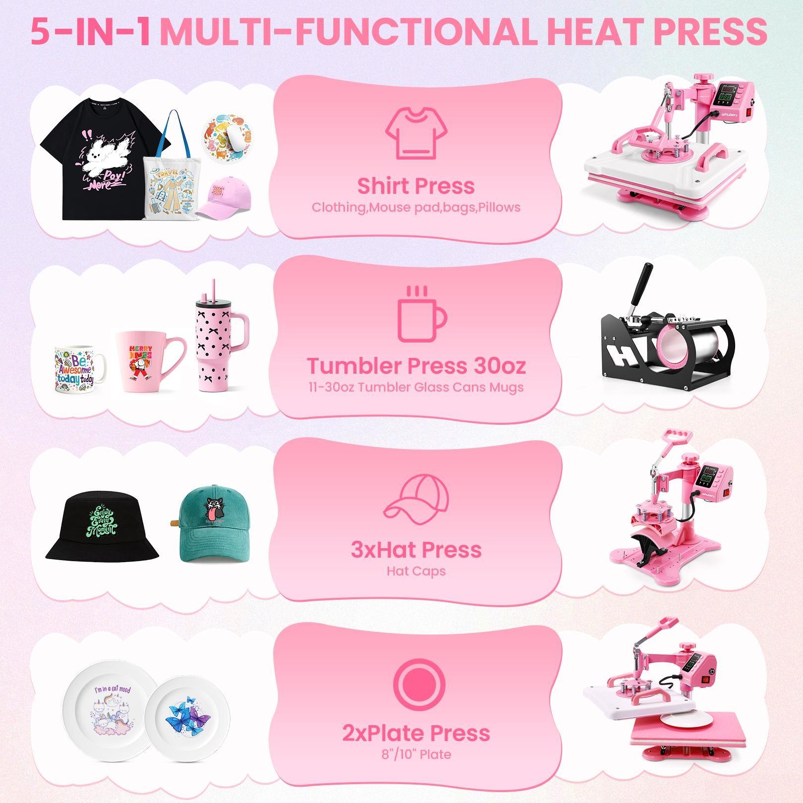 AKEYDIY Pink 15''x12'' Heat Press Machine for Tshirts, 5 in 1 Heat Transfer Machine, Heat Printing Press for Sublimation Combo with 360° Swing Away for Hat Cap Mug Plate, Beginner-friendly, Christmas Gifts Design Handicraft,TikTokShopBacktoSchool
