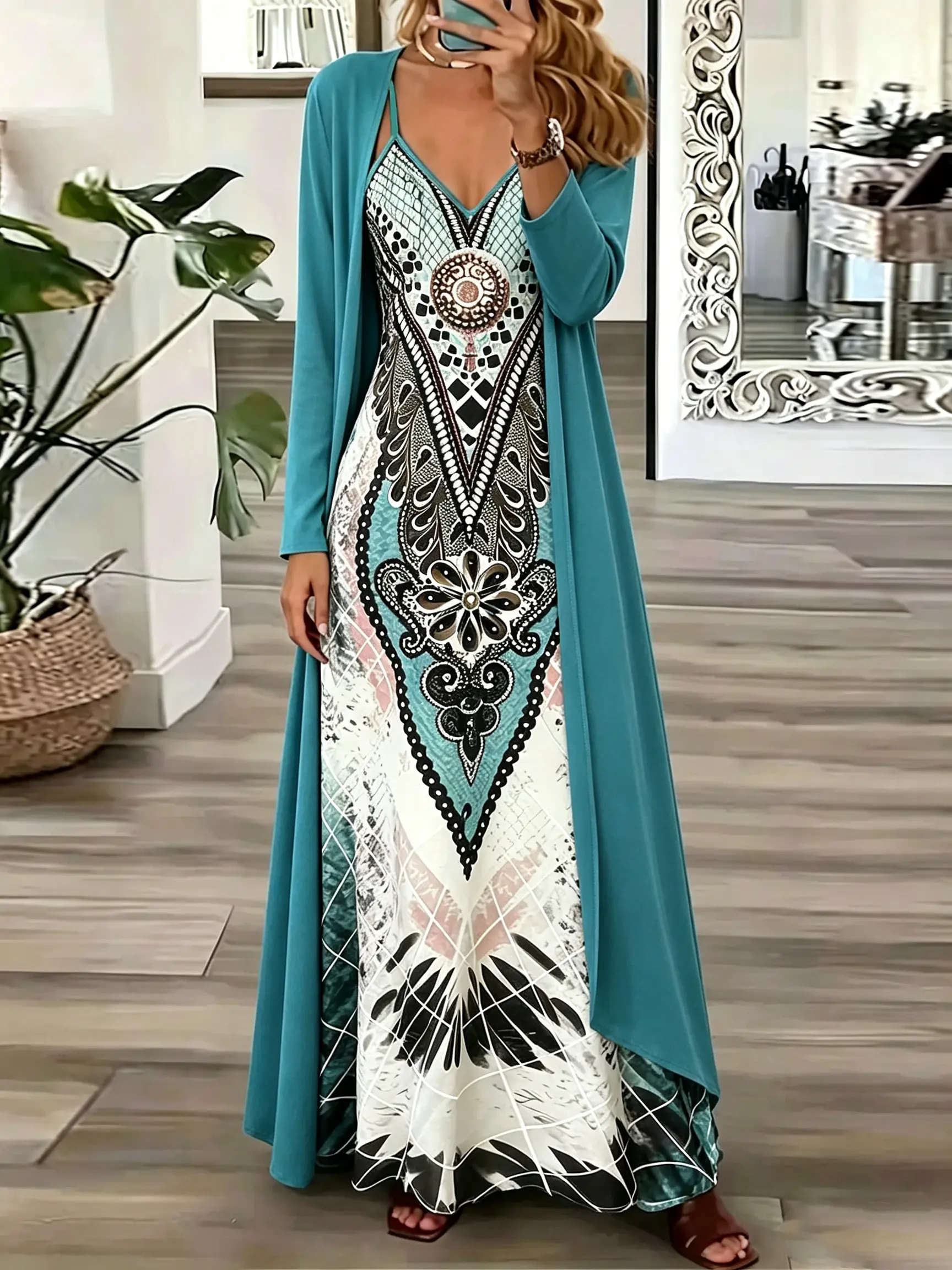 Women’s two-piece set: lake blue long cardigan jacket + Bohemian ethnic-style printed camisole dress combo, suitable for vacations and casual everyday wear.