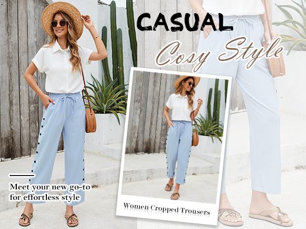 Women's Summer Trousers, Women's Summer 7/8 Cropped Wide Leg Trousers Elastic Waist Cotton Casual Trousers Lightweight Boho Trousers Beach Trousers with Pockets and Decorative Buttons
