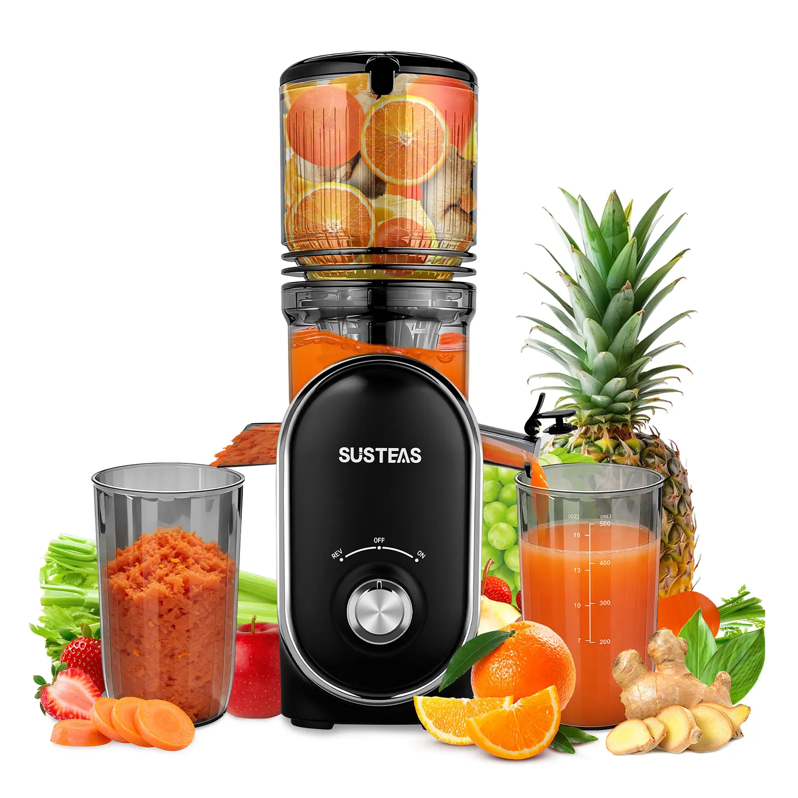 SUSTEAS Cold Pressed Juicer Machine - 5.3-Inch Large Inlet Slow Juicer with ABS Non-Toxic Parts, Easy Cleanup, High Juice Yield for Whole Vegetables & Fruits, Ideal for Home Users Kitchen Appliance