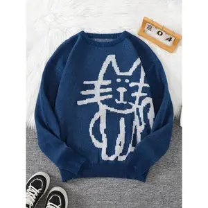 Men's Cartoon Cat Print Drop Shoulder Sweater, Regular Fit Casual Long Sleeve Round Neck Jumper for Fall & Winter, Fashion Men's Knitwear for Daily Wear