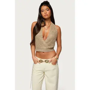 Sequin Crochet Backless Halter Top