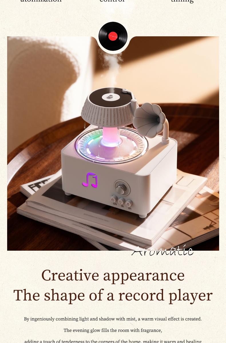 Phonograph-style aroma diffuser and humidifier with white noise and Bluetooth music, includes essential oils, features multiple natural sounds, automatic shut-off when water runs out, and ultrasonic raindrop rotation. A high-end white aroma diffuser gift.