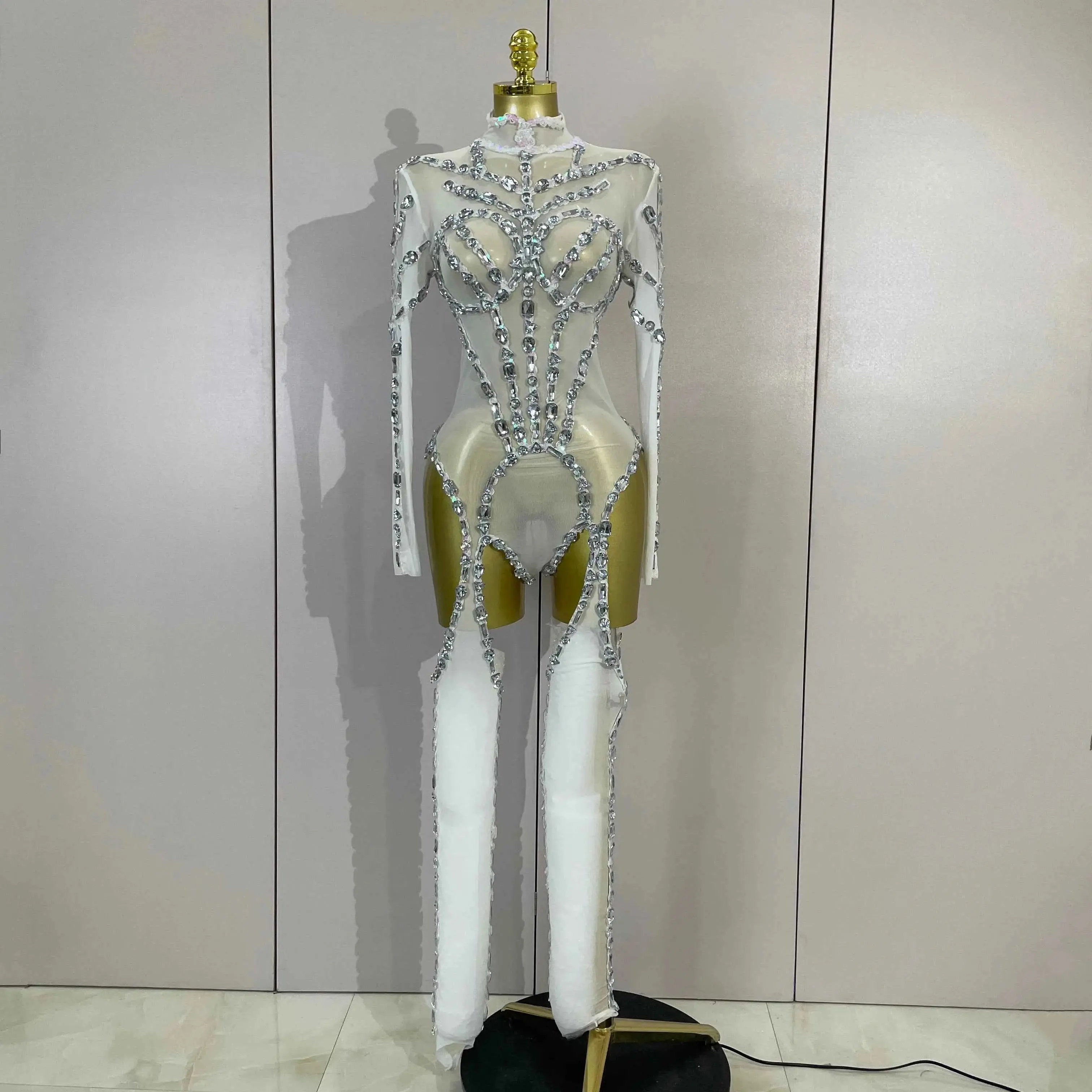 Grace Sparkly Diamond Sequin Long Sleeve Mesh See-Through Jumpsuit