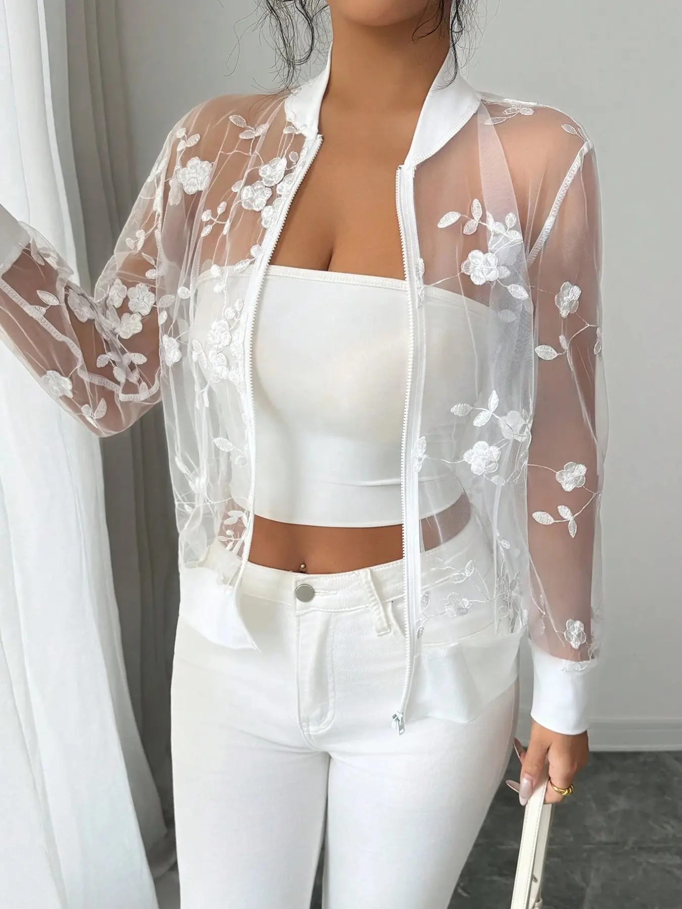 Women's Casual Floral Embroidery Mesh Zipper Lightweight Long Sleeve Jacket Outerwear for Spring & Summer, Breathable & Stylish Design