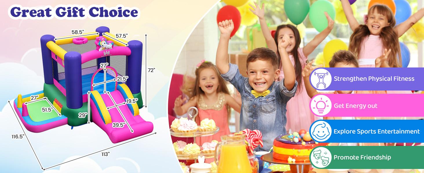 Costzon Inflatable Bounce House with Air Blower & Ball Pit, Bouncy House for Kids Indoor Outdoor w/Basketball Hoop, 480w Blower, Mini Bounce House with Slide for Boys Girls Backyard Birthday Party Gifts for 3-12,No Ocean Ball & Basketball Included,