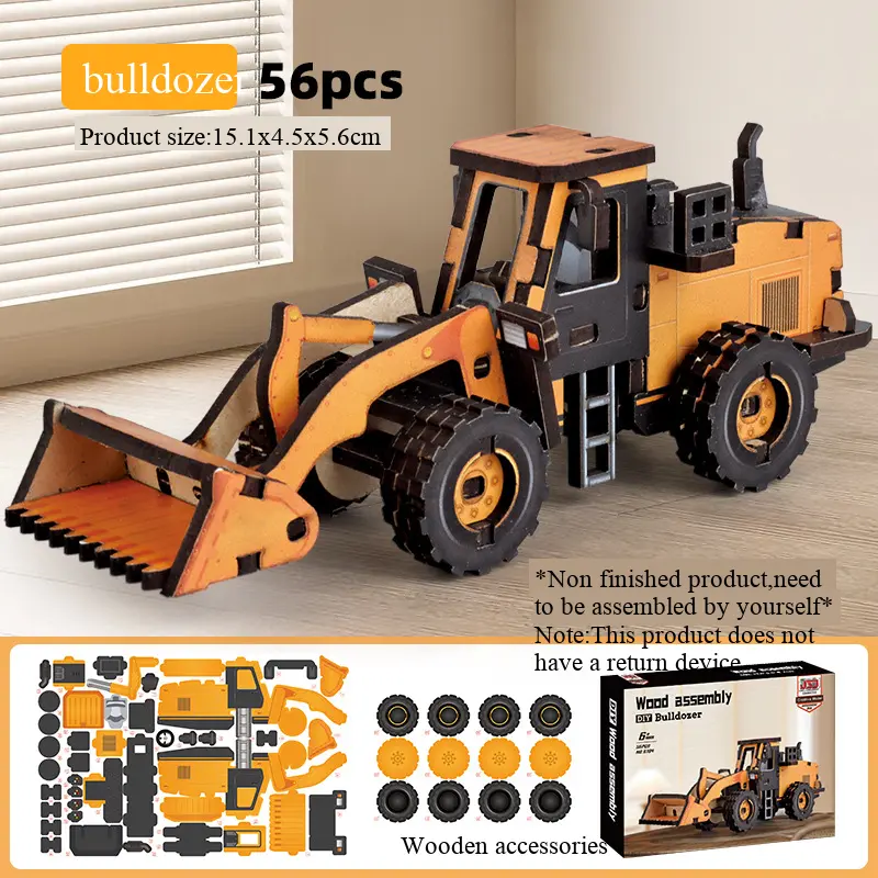 Bulldozer 56pcs 3D Wooden Puzzle Model Kit for Children & Adults Small Fire Truck & Construction Vehicle DIY Collectible Unique Gift for Birthdays Children's Day