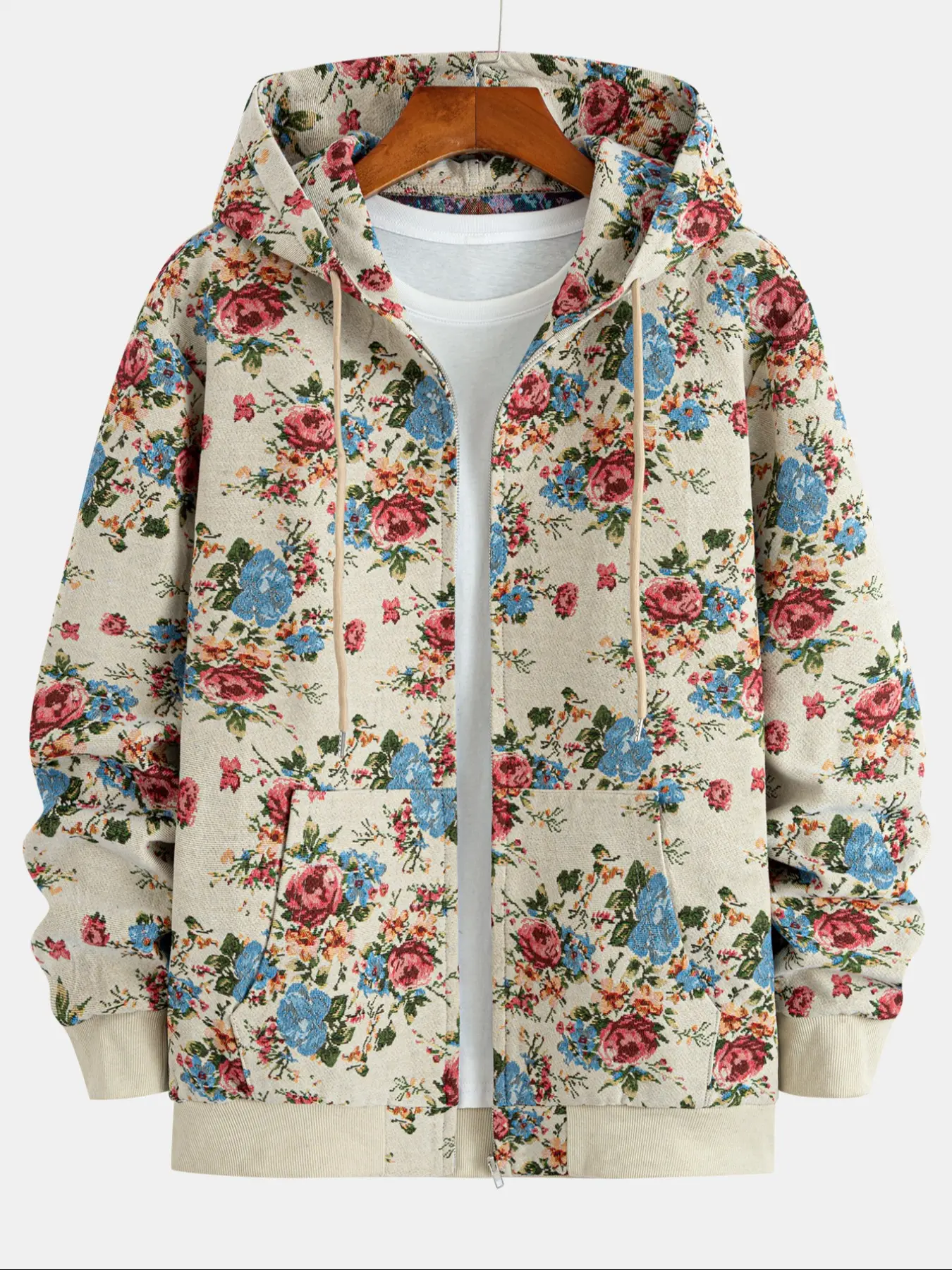 Men's Hooded Zipper Jacket Coat, Woven Chunky Yarn Jacquard Knit Sleeves, Plant Floral, Pockets, Casual Sportswear, Casual Fashionable Outerwear, Knitted Fall Winter Outerwear, Casual Loose-Fit Sweatshirt, Floral Print Hoodie