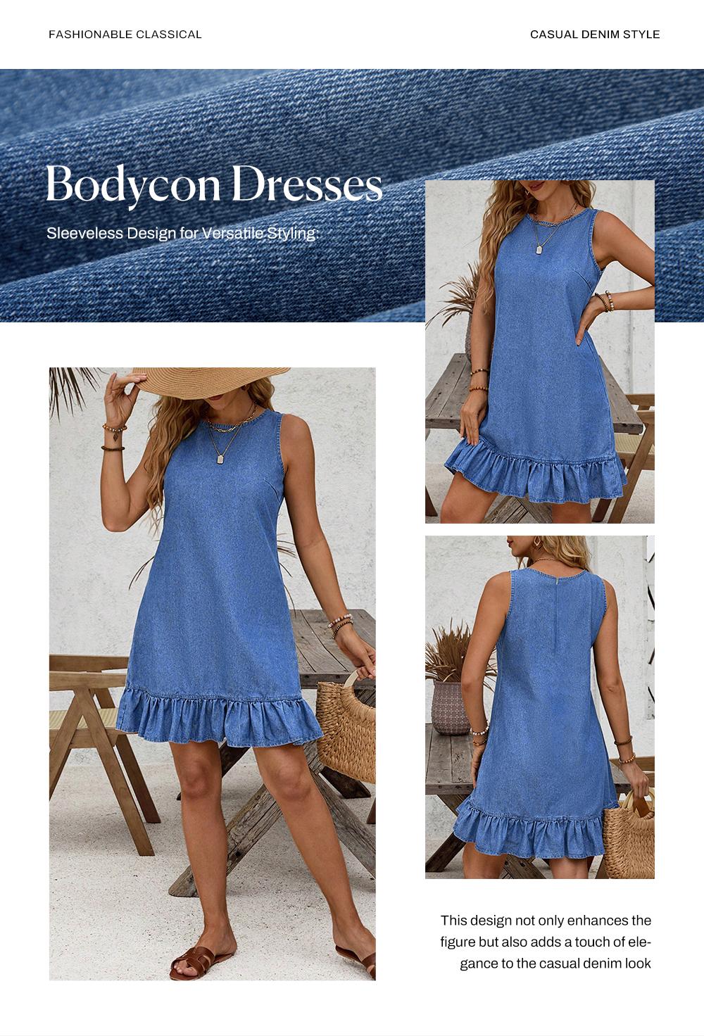 SIDEFEEL Women's Sleeveless Denim Dress Round Neck Ruffled Hem Casual Loose Denim Dress