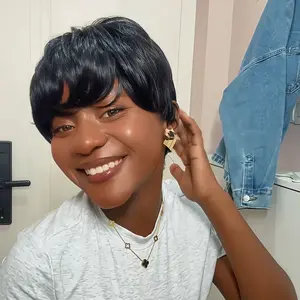 ShowReal 036 Four Inch Short Pixie Cut Wigs Short Straight Brazilian Human Hair Wigs With Bangs Ready To Go Natural Black Burgundy Color Full Machine Made Wig