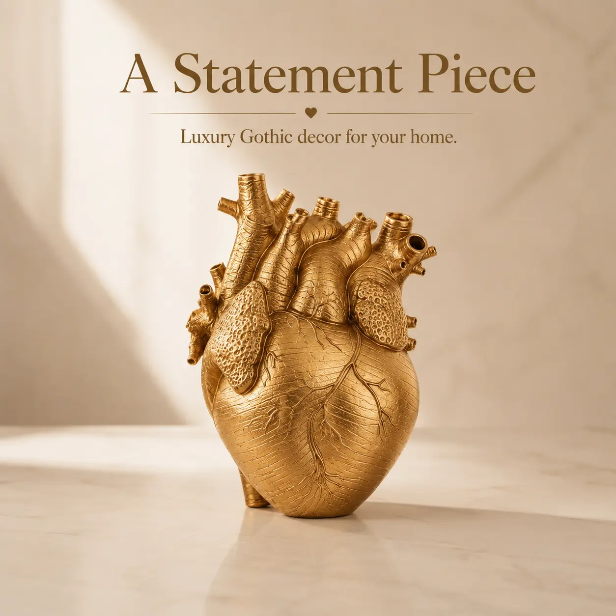 Dark Gothic Anatomical Heart Sculpture Vase - Gold Resin Figurines Decor, Collectible Ornament, Luxury Home Accent, Tabletop/Bedroom Shelf Decor, Gift for Gift Lovers, Sculpted Statue