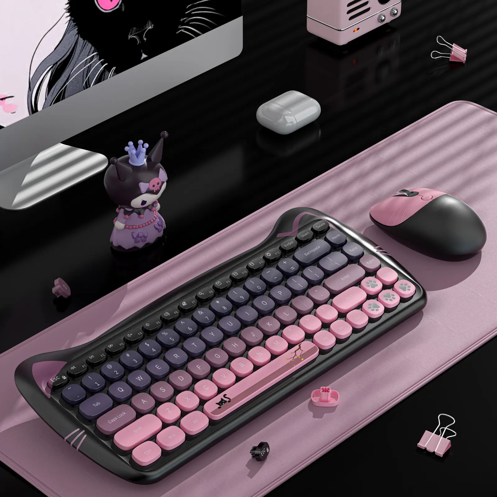 Mofii 1 Set 2.4G Wireless Keyboard & Mouse Combo, Cute Cat Style for Women, Compact Office Keyboard, Universal for Desktop & Laptop, US Qwerty Layout