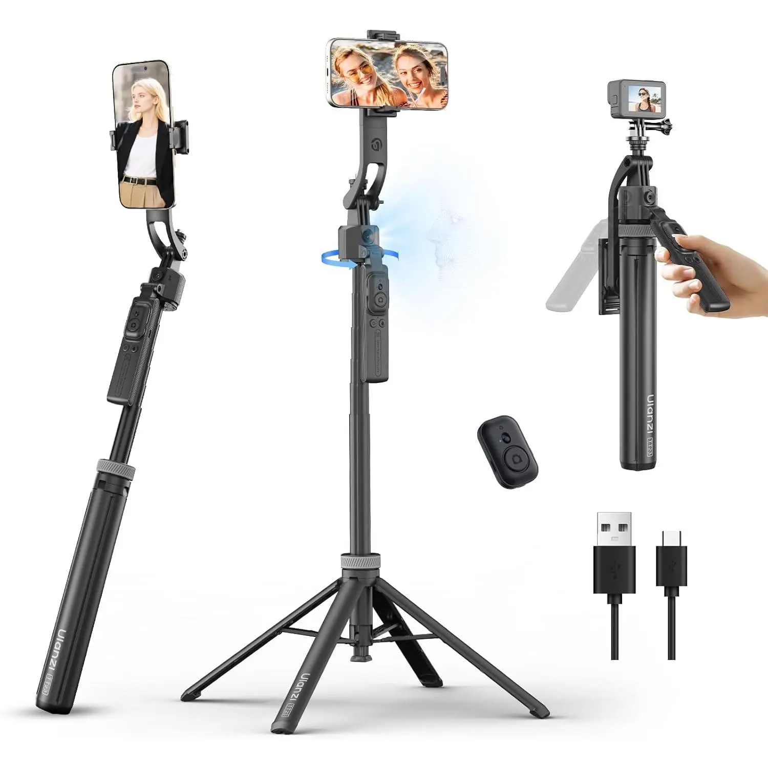 ULANZI TT23 64" Auto Face Tracking Tripod for iPhone/Android with Remote 360° Rotating Selfie Stick Follows Your Movement Facial Recognition Tripod for iPhone 17/16/15/14/13/Android/Camera/GoPro