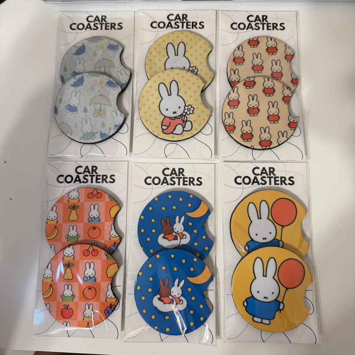 Cute Bunny Soapstone Car Coasters Set, Colorful Rabbit Cup Holder Inserts, Kawaii Floral Fruit Moon Auto Accessories, Cute Car Interior Gift