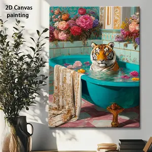 2D Flat, 2D Flat, Vintage Tiger in Bathtub Framed Wall Art - Hyper-Realistic Orange & Striped Tiger Painting with Turquoise Bathtub & Floral Background, Gallery-Wrapped Wood Frame for Living Room, Bedroom	