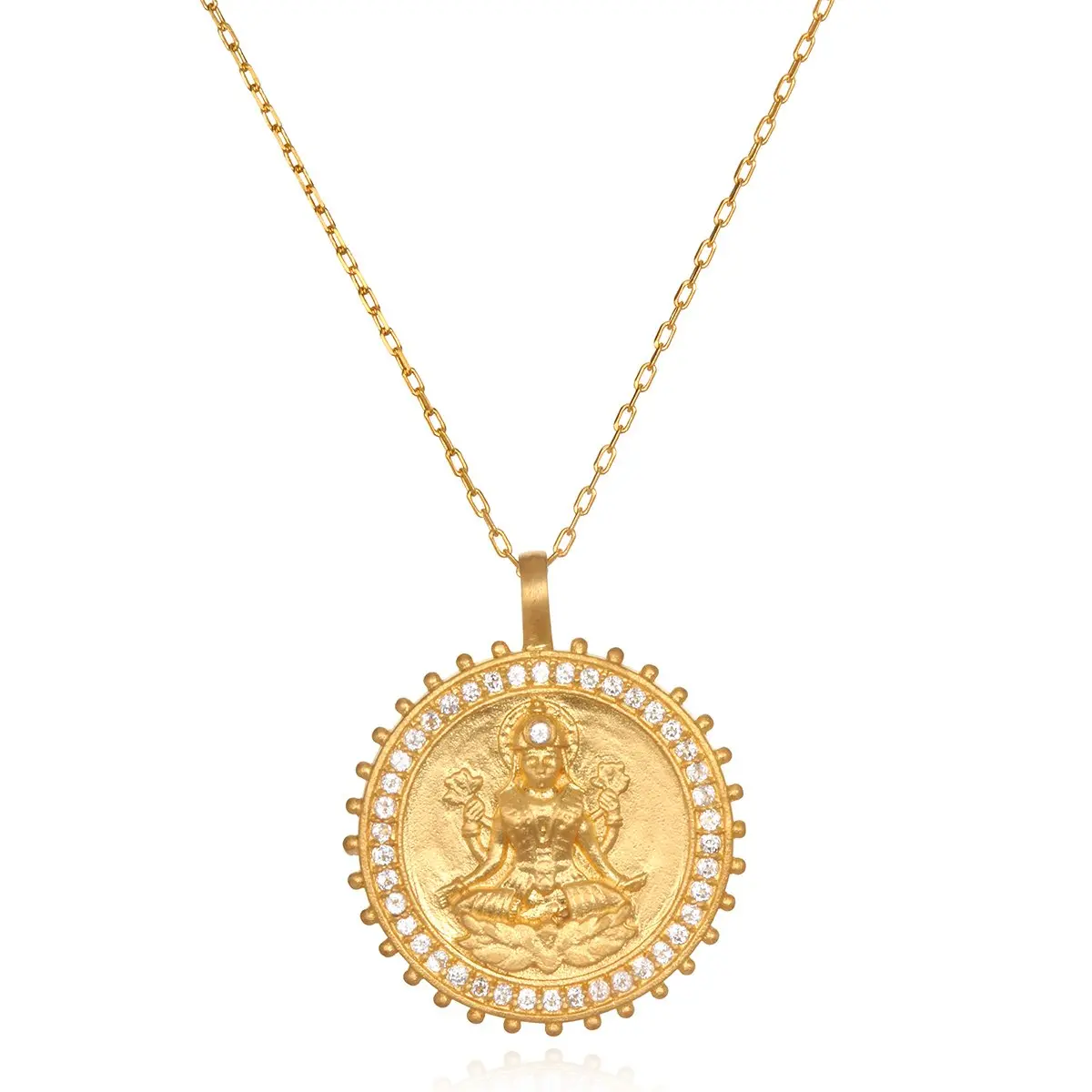 Gold Chain Necklace with Lakshmi Goddess Pendant, 18kt Gold Plated with White Topaz, 30-Inch Long Spiritual Abundance Jewelry for Women, Awareness, Statement Necklaces, Gold Pendant, Long Chain