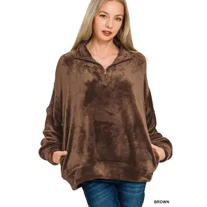 Zenana Faux Fur Half Zip Pocket Pullover