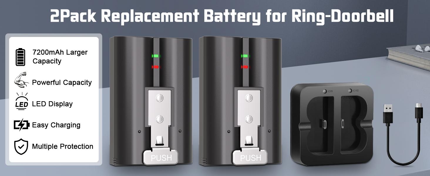 Replacement Battery for Ring Doorbell 2/3/3 Plus/4 Spotlight & Stick Up Camera 7200mAh Li-ion Type-C Charger Dual Charging Station Red Green Signal Indicators