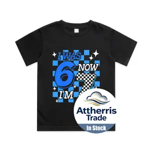 Blue Checkered I was 6 Now I'm 7 Birthday Boy Bday Cotton T-shirt, Graphic Print Round Neck Short Sleeve Casual Tee for Boys Girls Crew Neck