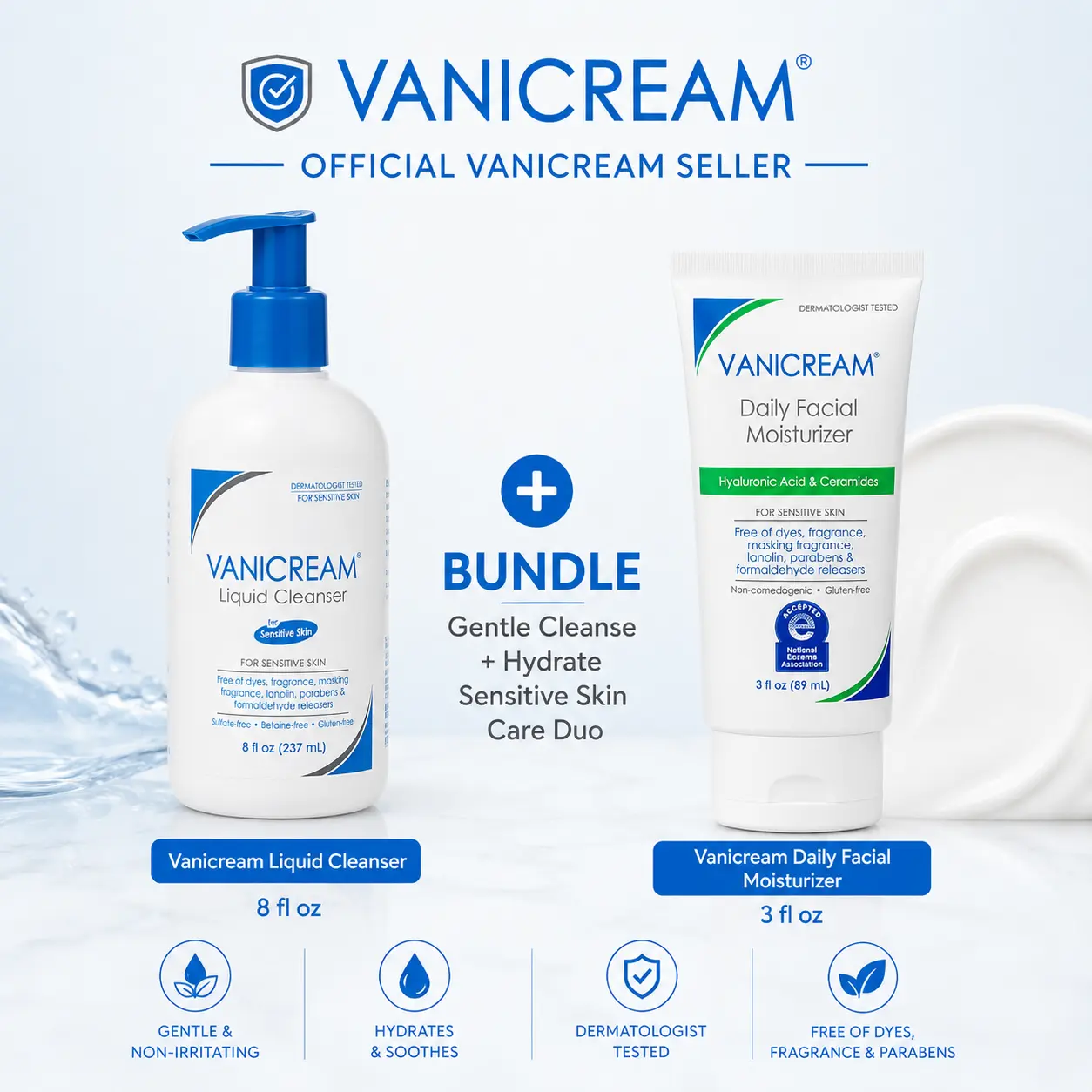 Vanicream Gentle Cleansing + Hydrating Skincare Duo - 8 oz Liquid Facial Cleanser, 3 oz Lightweight Moisturizing Lotion with Hyaluronic Acid, Fragrance-Free