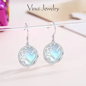 925 Heart Synthetic Moonstone Drop Earrings with Hypoallergenic Sterling Silver Design, Romantic and Elegant Hook Dangle Ear Jewelry for Women, Safe for Gift for Girls or Lover, for Daily Wear and Party