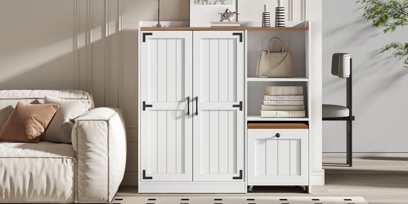 HOOBRO Shoe Cabinet with Entryway Bench, 44.1-Inch Shoe Storage Organizer with Adjustable Shelves, Doors, and Lockable Casters, for Hallway, Entryway, Living Room, Bedroom, White and Walnut