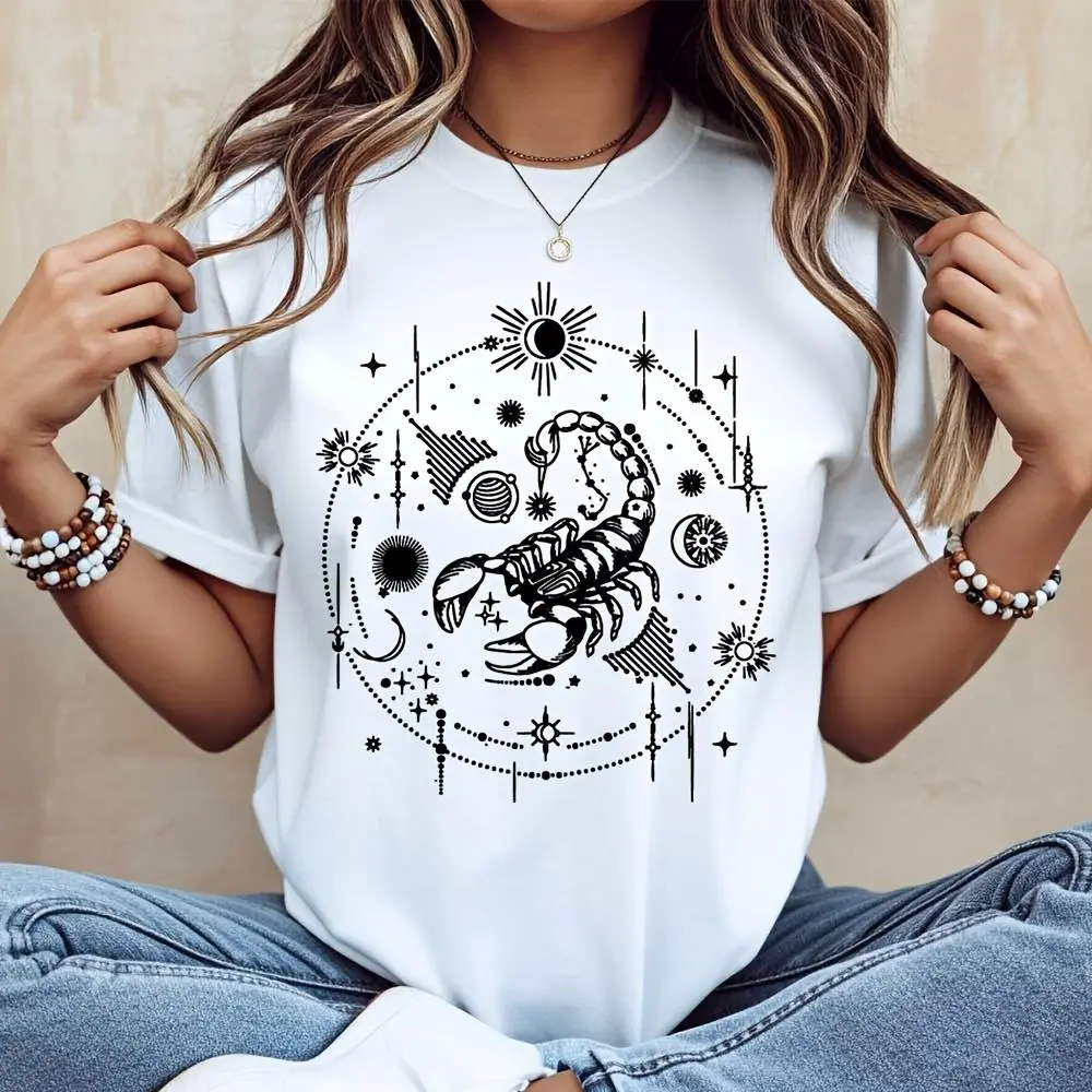 Scorpion Zodiac Sign Celestial Sun Moon Star Print, T-Shirt, Astrology Horoscope Theme, Casual Daily Wear Summer Outfit