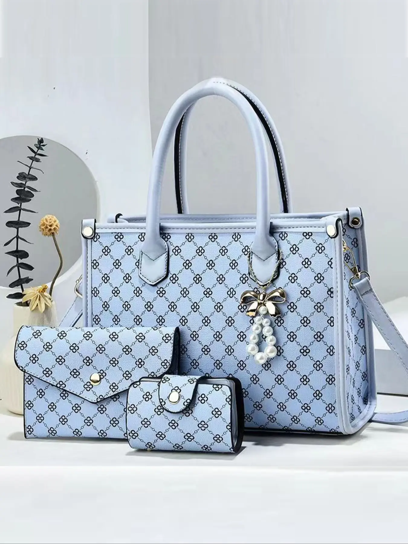 Elegant 3-Piece Handbag Wallet Set, Large Capacity Zipper Closure, Stylish Plaid Pattern, Includes Coin Purse & Card Holder