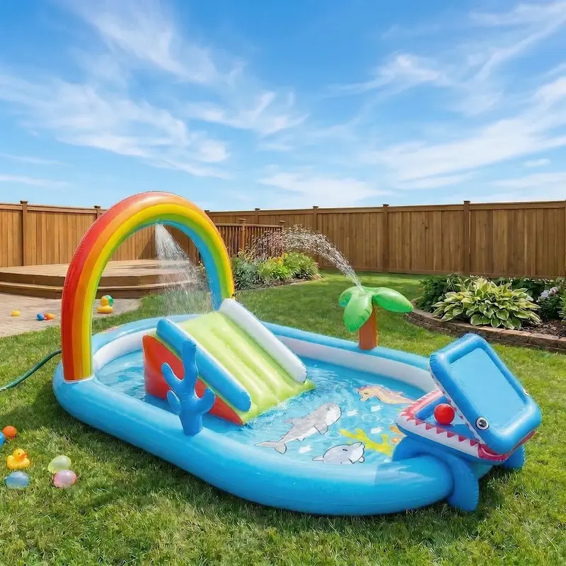 AKEYDIY Toddler Inflatable Swimming Pool (8.2×5.4×3.3FT) - Heavy-Duty Thick Safe PVC, Ocean-Theme Fun, Rainbow Coconut Tree, Shark, Coral, Water Slide, Ring Toss, Fold-And-Go Setup, Fold & Store Fast, Indoor/Outdoor, 3-4 Years Birthday Gift