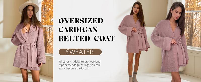 utcoco Womens Oversized Knit Cardigan Belted Wrap Sweater Long Sleeve Loose Fit Open Front Coat for Fall & Winter