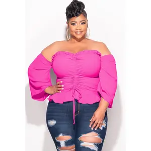 Final Sale Plus Size Off the Shoulder Frill Top with Middle Drawstring in Light Pink