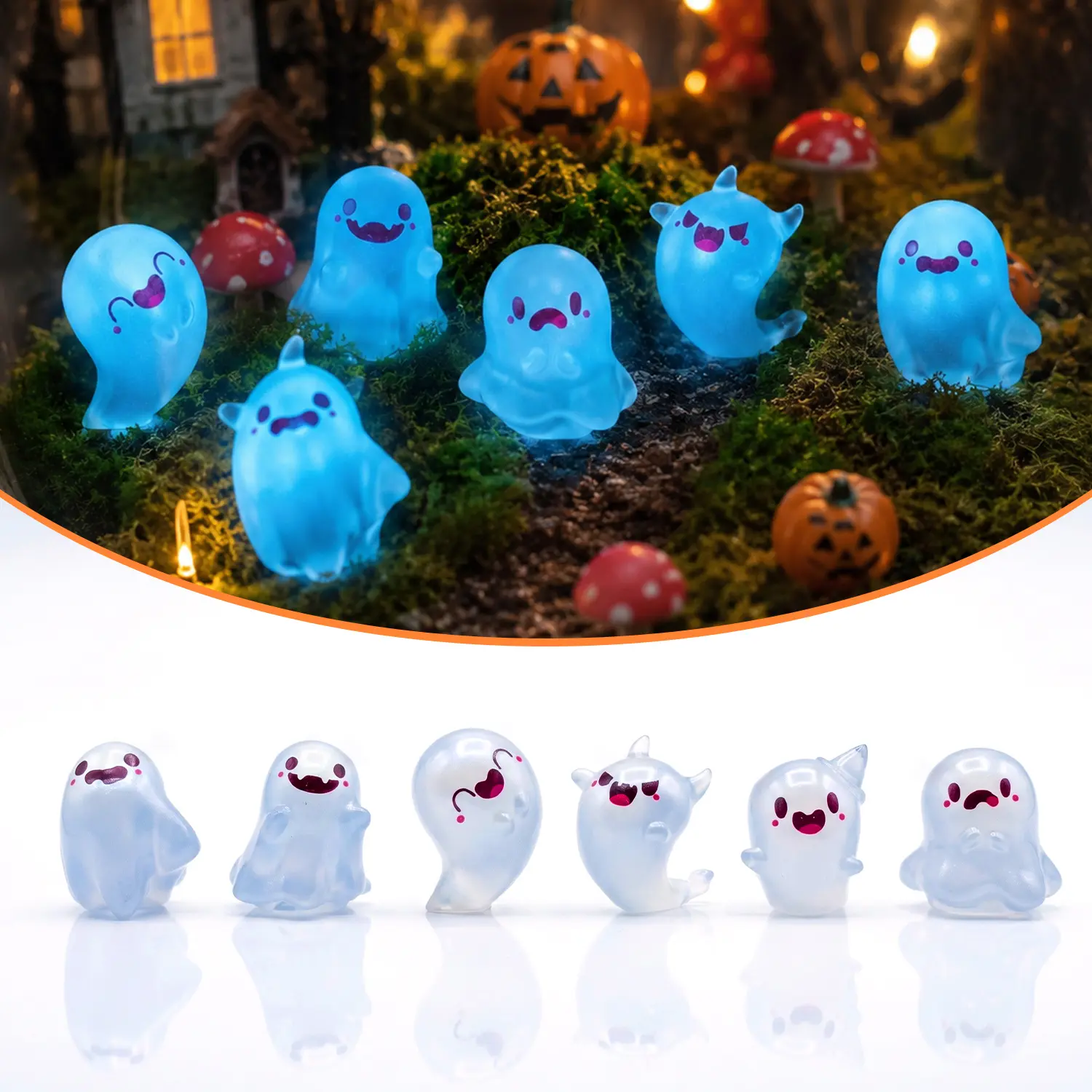 6PCS Glow in the Dark Mini Ghost Figurines, Cute Luminous Halloween Ghost Decorations, Tiny Resin Spooky Figures for Fairy Garden, Tabletop, DIY Crafts & Party Decor