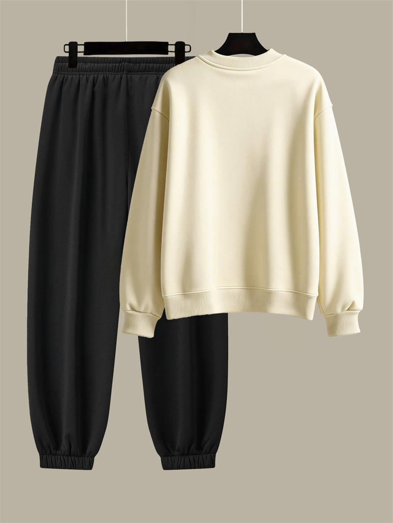 Men's Cotton Solid Color Casual Tracksuit Set Loose Fit Crew Neck Sweatshirt with Matching Jogger Pants for Fall Winter Comfortable Menswear Outfit for Outdoor Activities Sporty Commute Fitness and Relaxed Everyday Wear