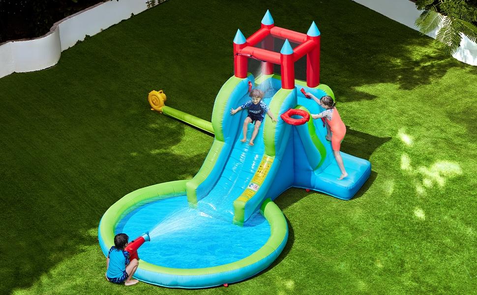 Yaheetech Inflatable Water Slide, 5-in-1 Outdoor Blow up Water Slide for Kids Aged 3-8 w/Water Cannon & Basketball Hoop & Climbing Wall & Storage Bag & 350W Blower
