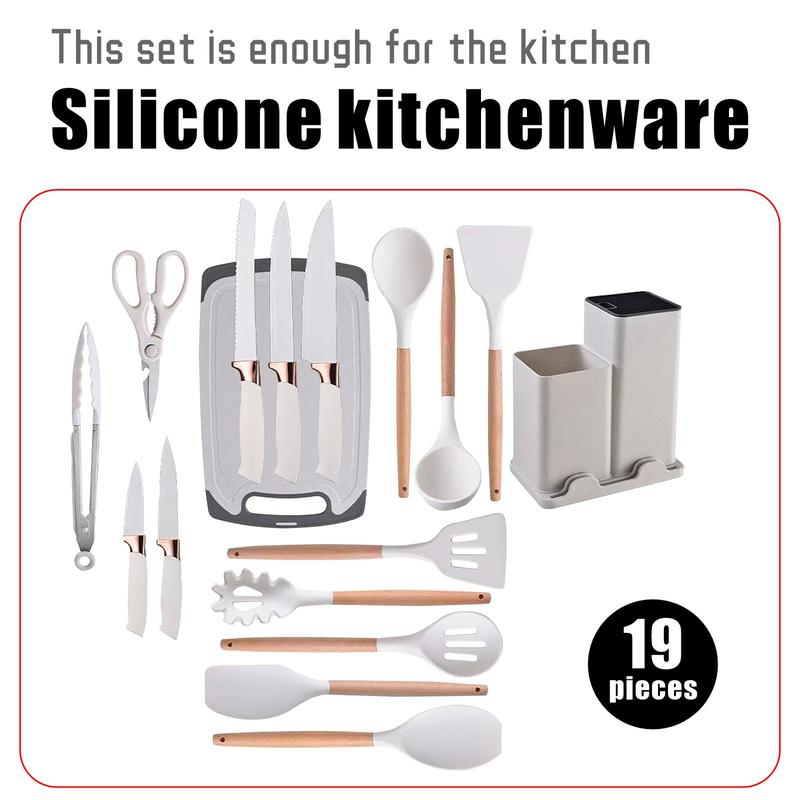 Black friday sales 2025 pots pans set 19 Piece Kitchen SetCutleryCooking Utensils, HeatResistant Silicone Cutlery 6Piece Sharp Knife Set2 Piece Cutlery Cutting BoardWoodCookware Rectangular Round Stove WoodenPlasticWhite Kitchenware