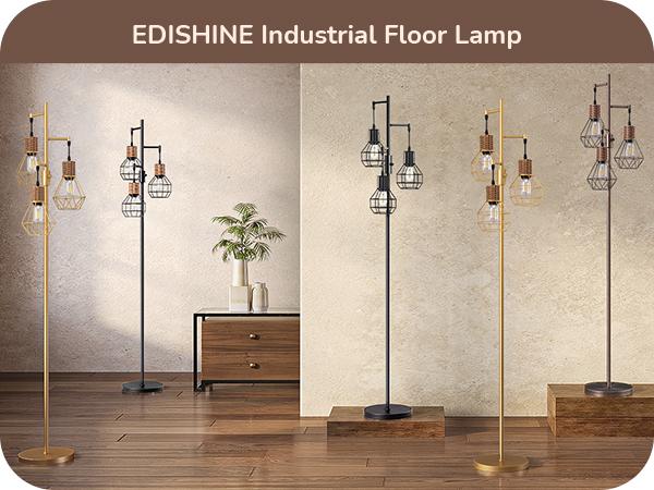 EDISHINE Dimmable Industrial Floor Lamp with 3 LED Edison Bulbs, Light Fixtures, permanent lights, Lanterns, Farmhouse Style, Rattan, lighting deals affordable decor, sconces, Elegant Design, Safe Sturdy Gold-HFLDC2A