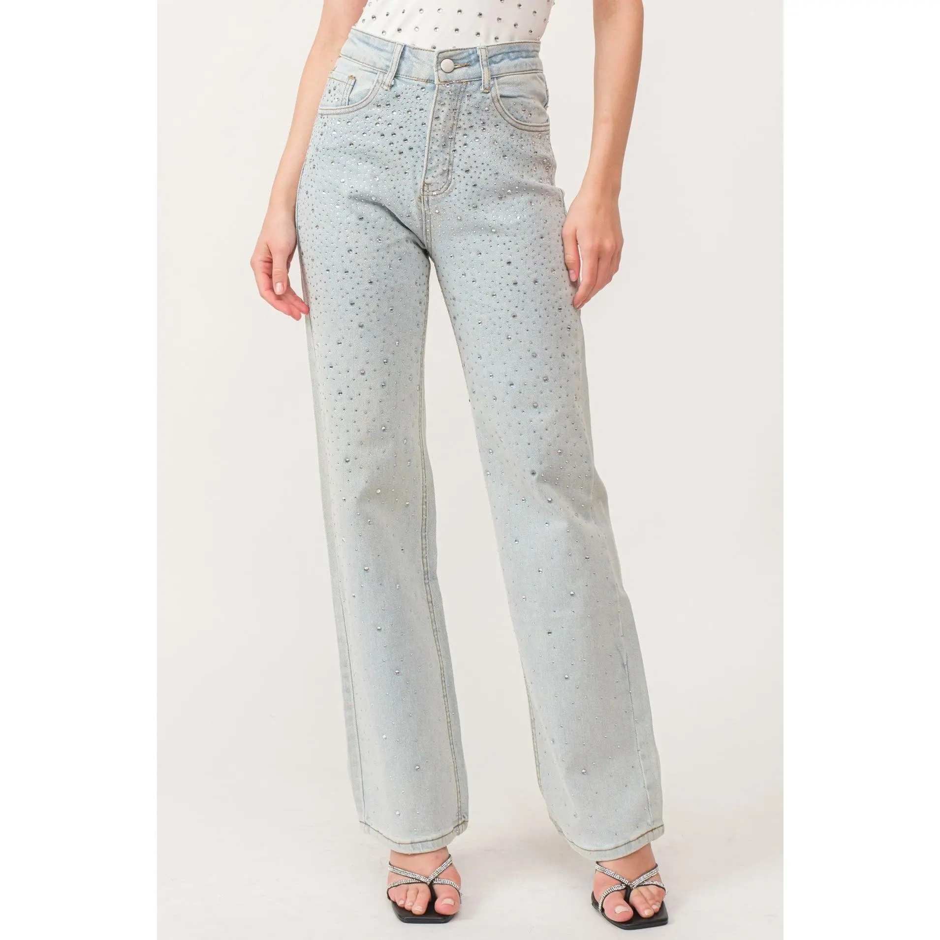 Women's High Waist Jeans with Sparkle Rhinestone Detail, Wide Leg Stretch Denim with 5-Pocket Design, Rhinestones, Essential, Bottom, 5-Pocket Construction, Straight Legs, Sparkle Detail, Wide-Leg Pants
