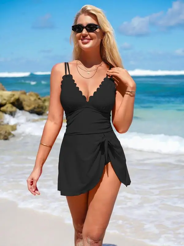 One Piece Swimdress Swimsuits for Women Tummy Control Swim Dress Tie Knot Skirt Swimming Bathing Suit Girls