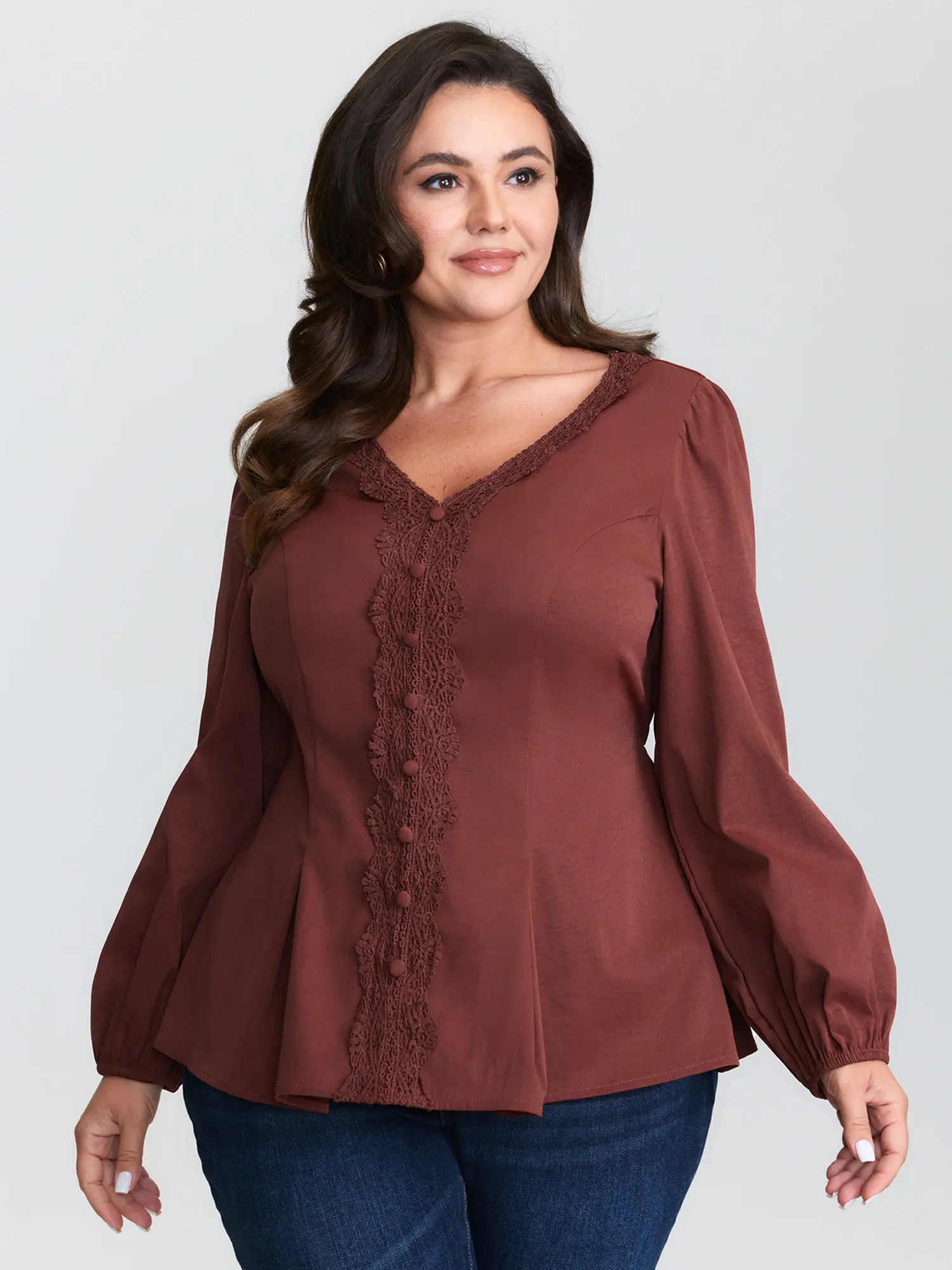 Timeless V-Neck Blouse for Plus Size Women with Textured Patchwork, Lace Trim and Long Lantern Sleeves, Sleeve, Longsleeves, Fit, Shirts